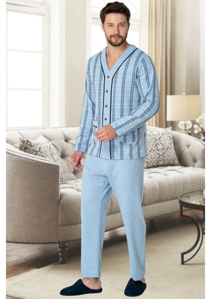 Mecit 2767 Mavi Önden Düğmeli Büyük Beden Erkek Pijama Takımı