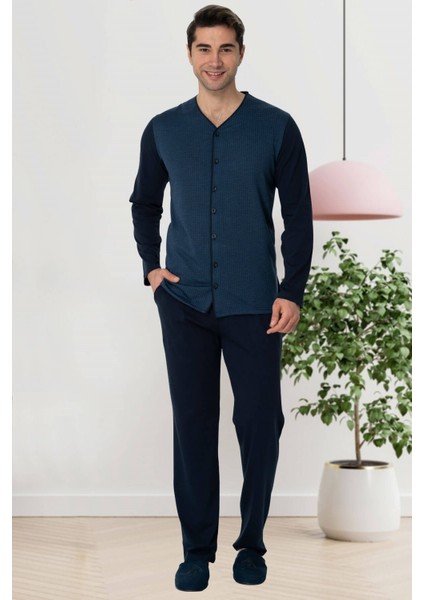 Mecit 2774 Indigo Önden Düğmeli Büyük Beden Erkek Pijama Takımı