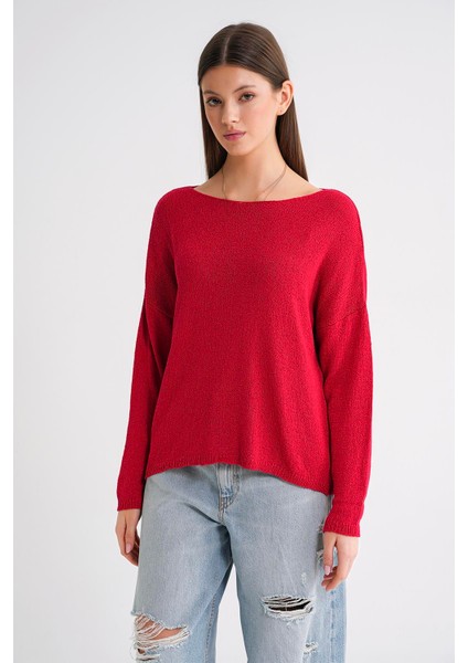 6933 Kadın Kayık Yaka Ince Mevsimlik Triko Kazak Kırmızı indirimleri