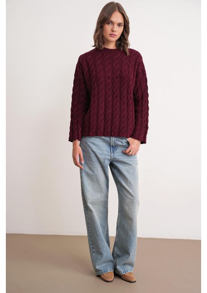 6973 Kadın Saç Örgülü Regular Basic Triko Kazak Bordo fiyatları