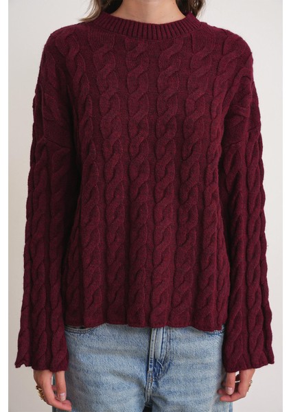 6973 Kadın Saç Örgülü Regular Basic Triko Kazak Bordo indirimleri