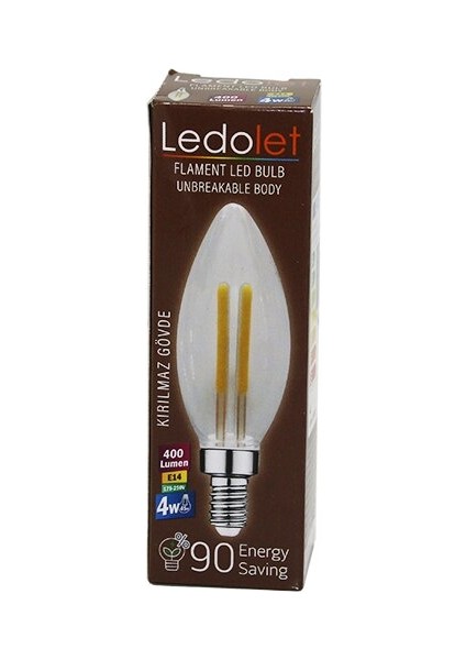 Ledolet 4W=45W - E14 Mum Flament LED Rustik Ampul 400LUMEN - 3000K Kırılmaz Gövde (5224)