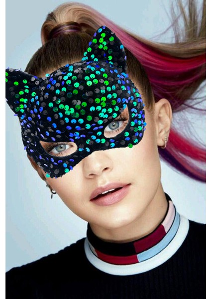 Siyah Kadife Kumaş Üzerine Mavi Yeşil Payetli Pullu Parti Maskesi 16X14 cm (5224) fiyatları