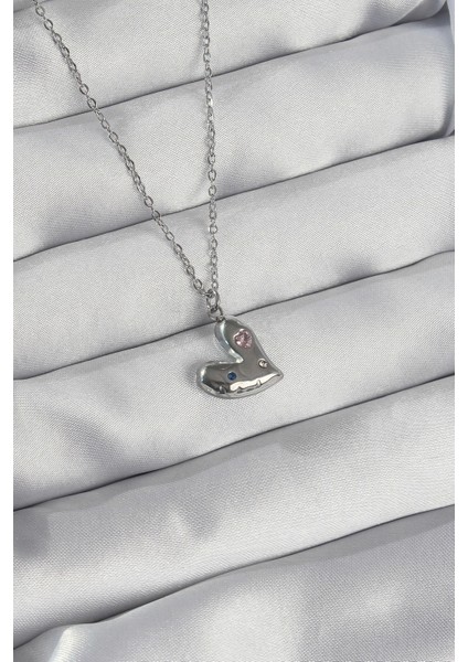 Bfs 316L Çelik Zincir Gümüş Renk Renkli Zirkon Taşlı Kalp Kolye