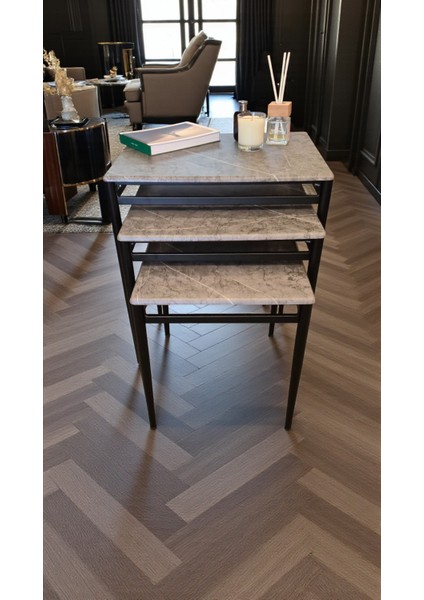 Damrin Serisi Gri Mermer 1. Sınıf Mebran Mdf 3’lü Zigon Sehpa Takımı - Siyah Ayak