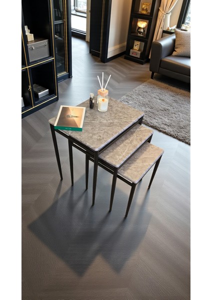 Damrin Serisi Gri Mermer 1. Sınıf Mebran Mdf 3’lü Zigon Sehpa Takımı - Siyah Ayak fiyatları