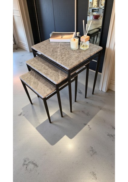 Damrin Serisi Gri Mermer 1. Sınıf Mebran Mdf 3’lü Zigon Sehpa Takımı - Siyah Ayak modelleri