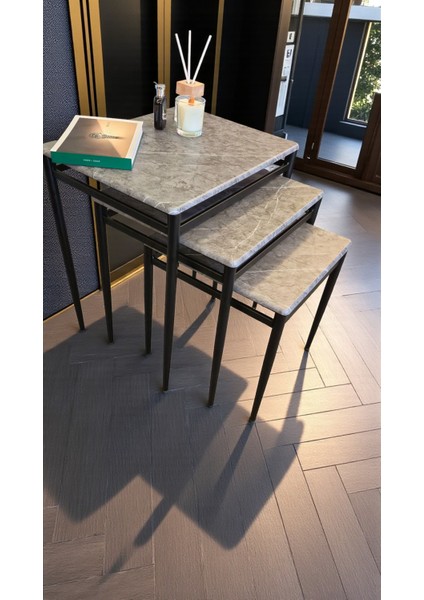 Damrin Serisi Gri Mermer 1. Sınıf Mebran Mdf 3’lü Zigon Sehpa Takımı - Siyah Ayak indirimleri