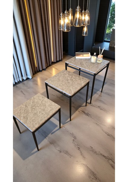 Damrin Serisi Gri Mermer 1. Sınıf Mebran Mdf 3’lü Zigon Sehpa Takımı - Siyah Ayak