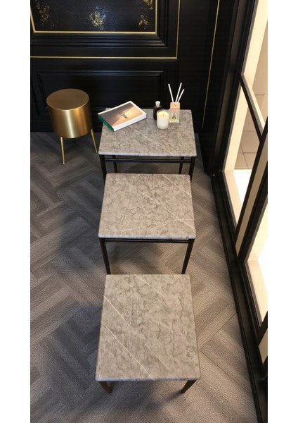 Damrin Serisi Gri Mermer 1. Sınıf Mebran Mdf 3’lü Zigon Sehpa Takımı - Siyah Ayak