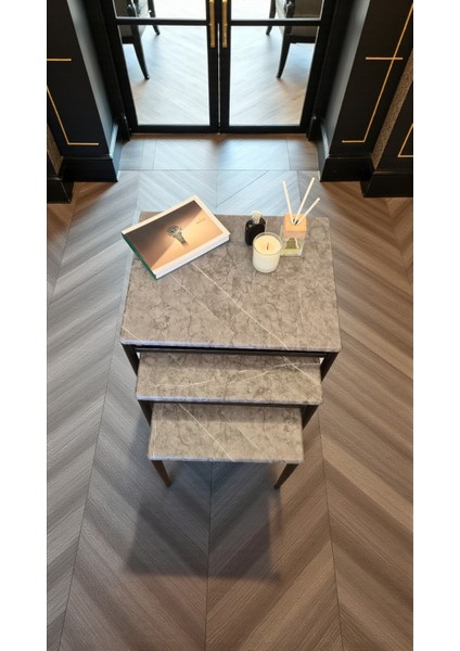 Damrin Serisi Gri Mermer 1. Sınıf Mebran Mdf 3’lü Zigon Sehpa Takımı - Siyah Ayak