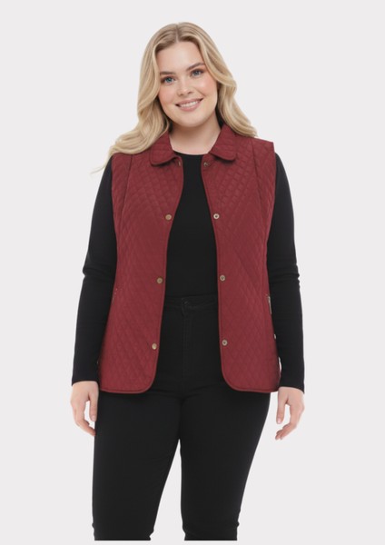 Büyük Beden Polo Yaka Bordo Renkli Kapitone Yelek