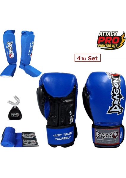 Dragon Attack 5 Plus Profesyonel Boks Eldiveni 4'lü Set Boks Eldiveni Kaval Koruyucu Bandaj Dişlik