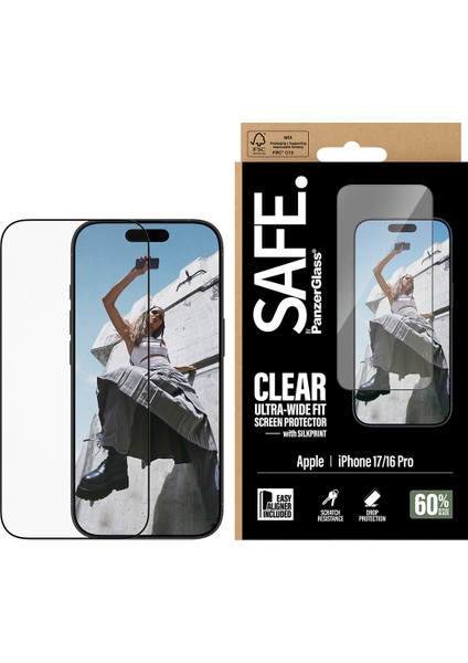 Safe. By Panzerglass iPhone 17 | 16 Pro | Ultra-Wide Fit Çerçeve Aparatlı Siyah Çerçeveli Ekran Koruyucu fiyatları