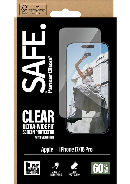 Safe. By Panzerglass iPhone 17 | 16 Pro | Ultra-Wide Fit Çerçeve Aparatlı Siyah Çerçeveli Ekran Koruyucu modelleri