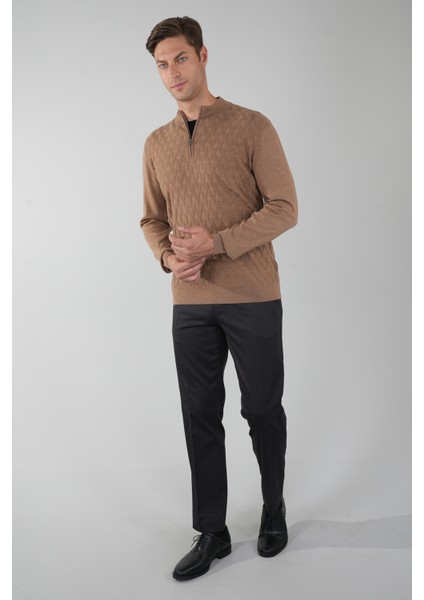 Camel Yarım Balıkçı Yaka Fermuar Detaylı Jakarlı Erkek Triko TR23K23208_D70 indirimleri