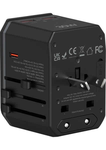 Rave Serisi Evrensel Seyahat Adaptörü Pd 30W + Qcx2 - Siyah