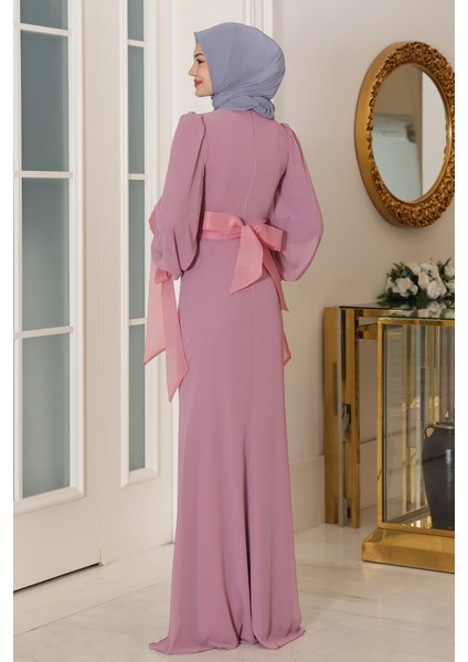 Kol Detaylı Firuze Şifon Tesettür Abiye modelleri