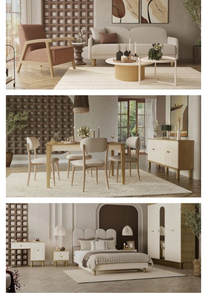 Eco Bohem Üçlü Midi Düğün Paketi - Oturma Grubu / Yatak Odası Takımı / Yemek Odası Takımı