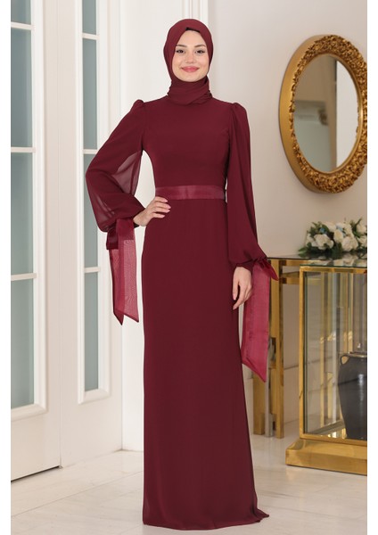 Kol Detaylı Firuze Şifon Tesettür Abiye