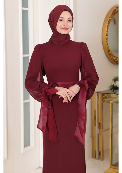 Kol Detaylı Firuze Şifon Tesettür Abiye modelleri