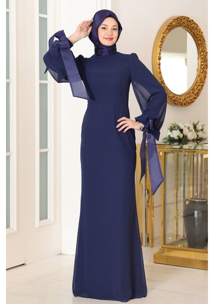 Kol Detaylı Firuze Şifon Tesettür Abiye