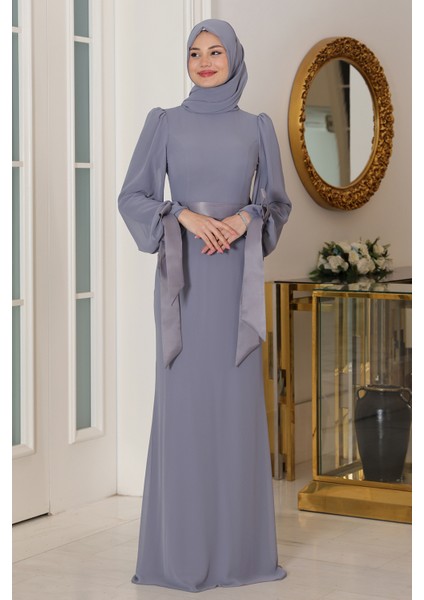 Kol Detaylı Firuze Şifon Tesettür Abiye