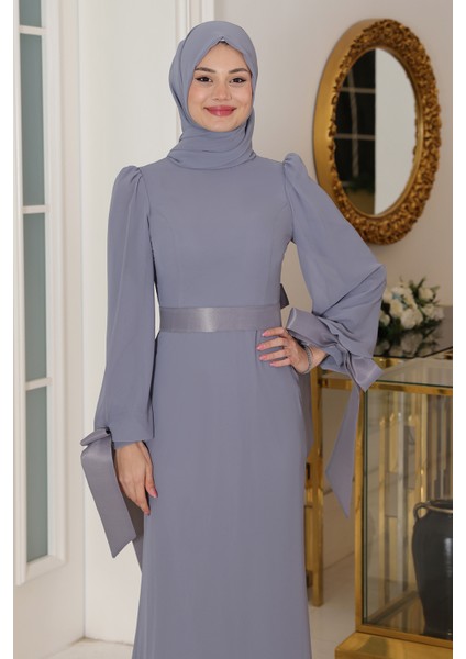 Kol Detaylı Firuze Şifon Tesettür Abiye modelleri