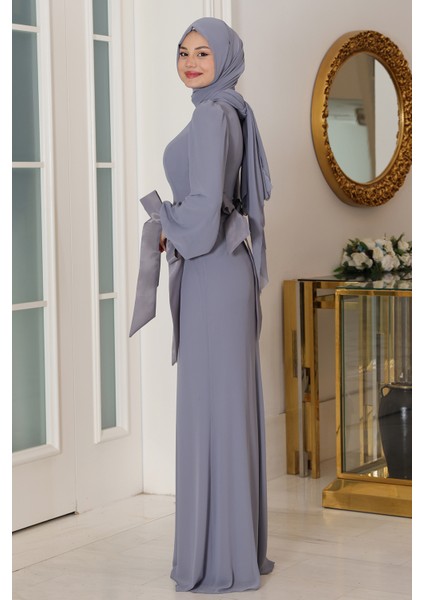 Kol Detaylı Firuze Şifon Tesettür Abiye fırsatları