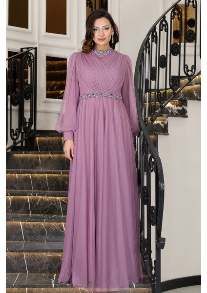 Senna Taş Detaylı Büyük Beden Şık Tesettür Abiye