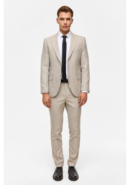 Bej Slim Desenli Sivri Yaka 6 Drop Takım Elbise