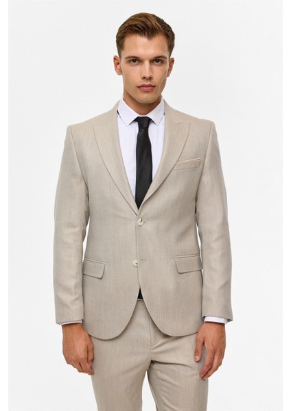 Bej Slim Desenli Sivri Yaka 6 Drop Takım Elbise modelleri