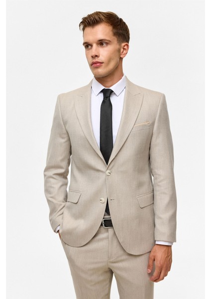 Bej Slim Desenli Sivri Yaka 6 Drop Takım Elbise indirimleri