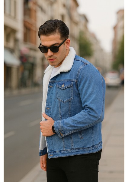 Koyu Mavi Içi Kürklü Erkek Mont