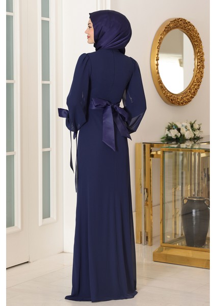 Kol Detaylı Firuze Şifon Tesettür Abiye indirimleri