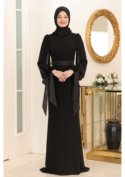 Kol Detaylı Firuze Şifon Tesettür Abiye