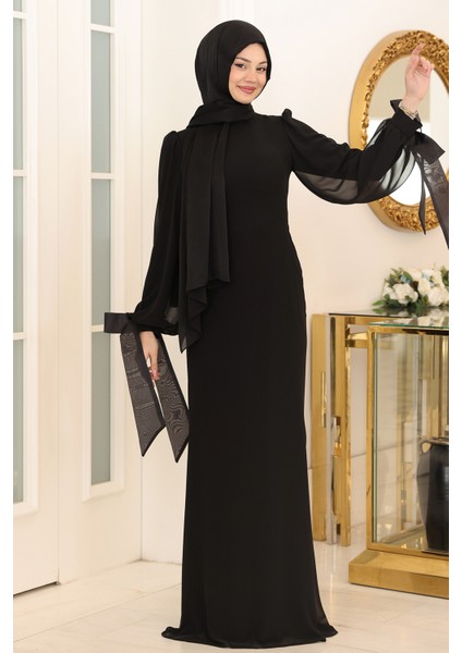 Kol Detaylı Firuze Şifon Tesettür Abiye fiyatları