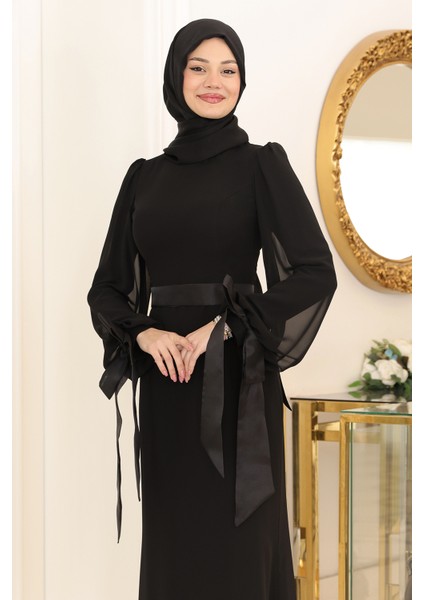 Kol Detaylı Firuze Şifon Tesettür Abiye modelleri