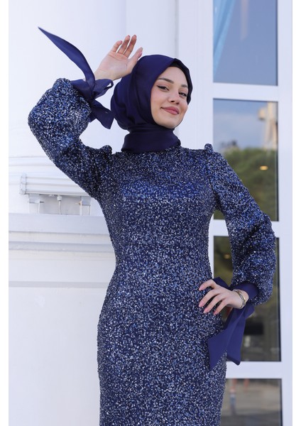 Parıltılı Kol Detaylı Şimal Tesettür Büyük Abiye modelleri