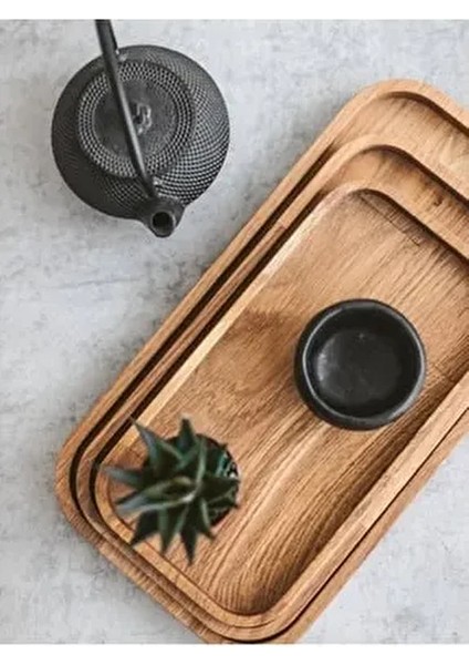 3'lü Set Doğal Ahşap Servis Tabakları Modern Kahverengi Dikdörtgen Tasarım
