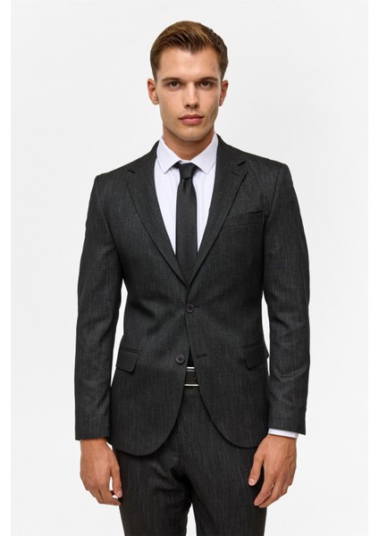 Siyah Slim Desenli Mono Yaka 6 Drop Takım Elbise