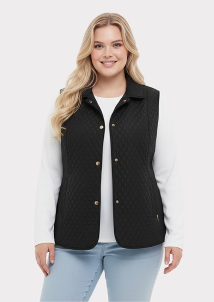 Büyük Beden Polo Yaka Siyah Renkli Kapitone Yelek