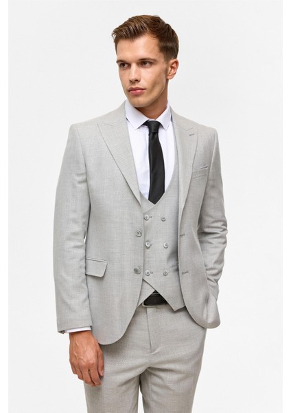 Gri Slim Desenli Sivri Yaka 6 Drop Yelekli Takım Elbise modelleri