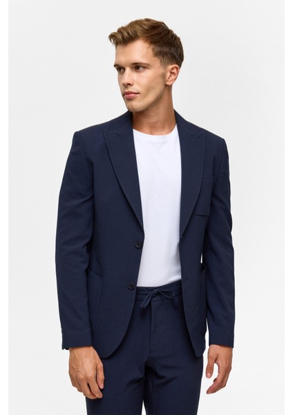 Lacivert Slim Desenli Sivri Yaka 6 Drop Takım Elbise