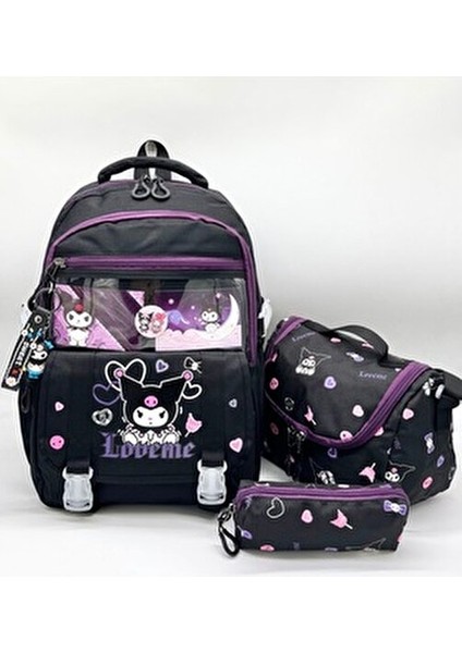 Kore Tarzı Aksesuarlı Termal Beslenmelik ve Kalemlikli Kız Çocuk Sırt Okul Çantası Seti