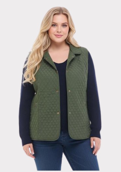 Büyük Beden Polo Yaka Yeşil Renkli Kapitone Yelek