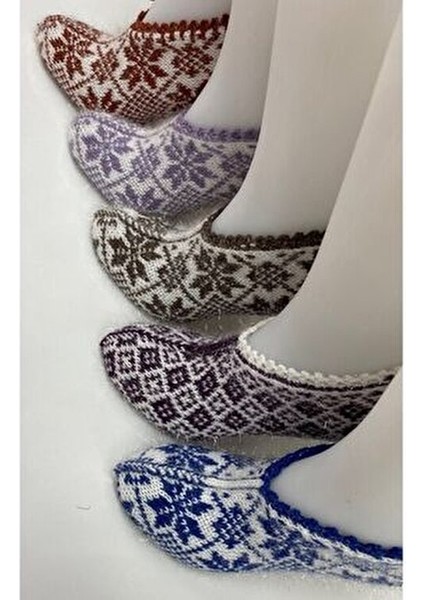 Kadın Simli Kristal Yün Örgü 5 Adet Desenli Patik Çeyizlik Bohçalık Hediyelik