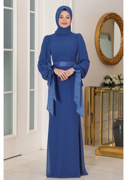 Kol Detaylı Firuze Şifon Tesettür Abiye