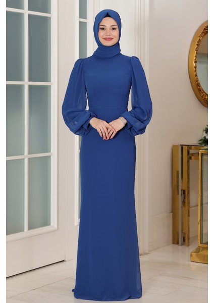Kol Detaylı Firuze Şifon Tesettür Abiye fiyatları