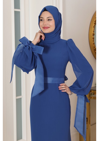 Kol Detaylı Firuze Şifon Tesettür Abiye modelleri